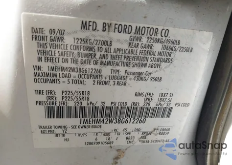 2008 Mercury Sable Premier z USA, uszkodzony, nr VIN 1MEHM42W38G612260